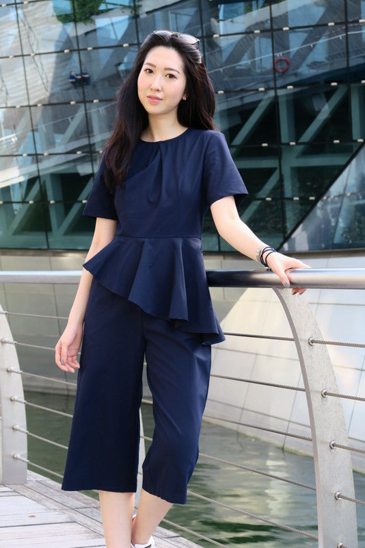 Melrose Label Slanted Peplum Culottes Playsuit in Navy