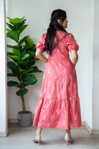 Noelle Floral Embroidery Dress | Coral Pink