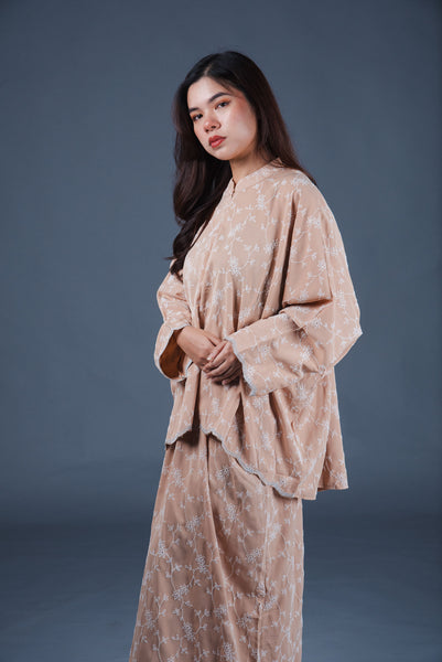 Gardenia Embroidery Batwing Kurung Set - Beige