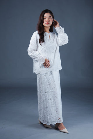 Queenie Eyelets Kurung Set - White