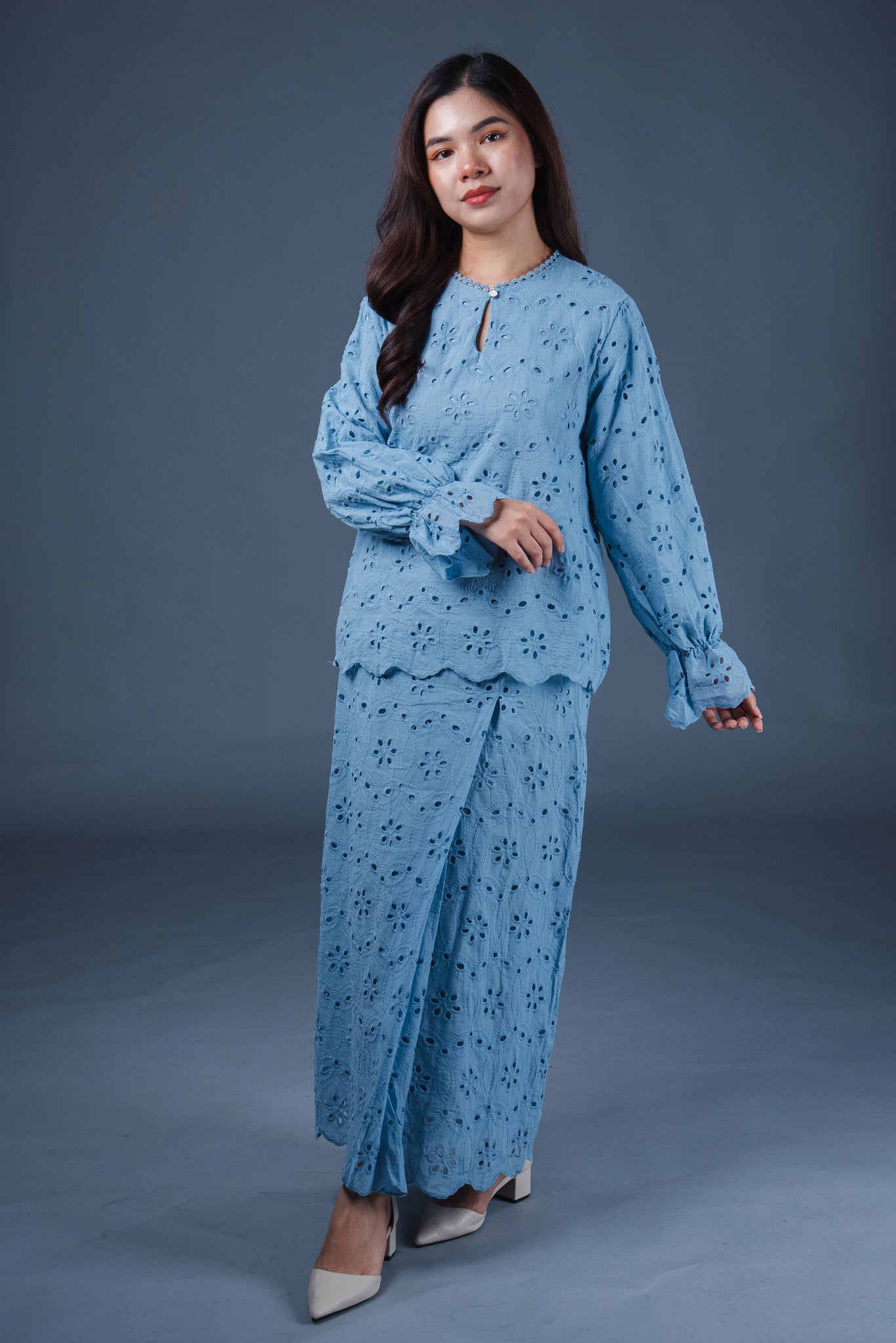 Queenie Eyelets Kurung Set - Sky Blue