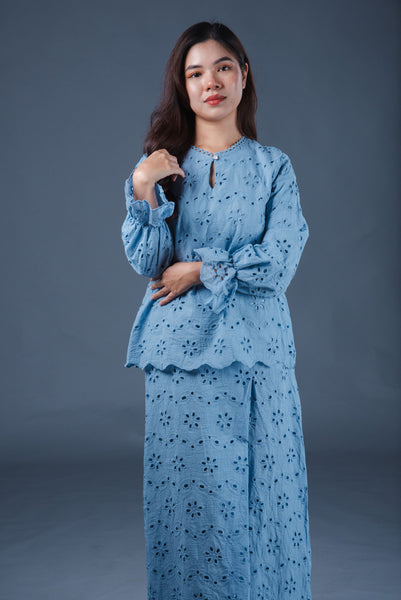 Queenie Eyelets Kurung Set - Sky Blue