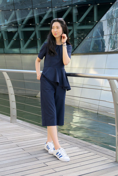 Melrose Label: Slanted Peplum Culottes Playsuit in Navy