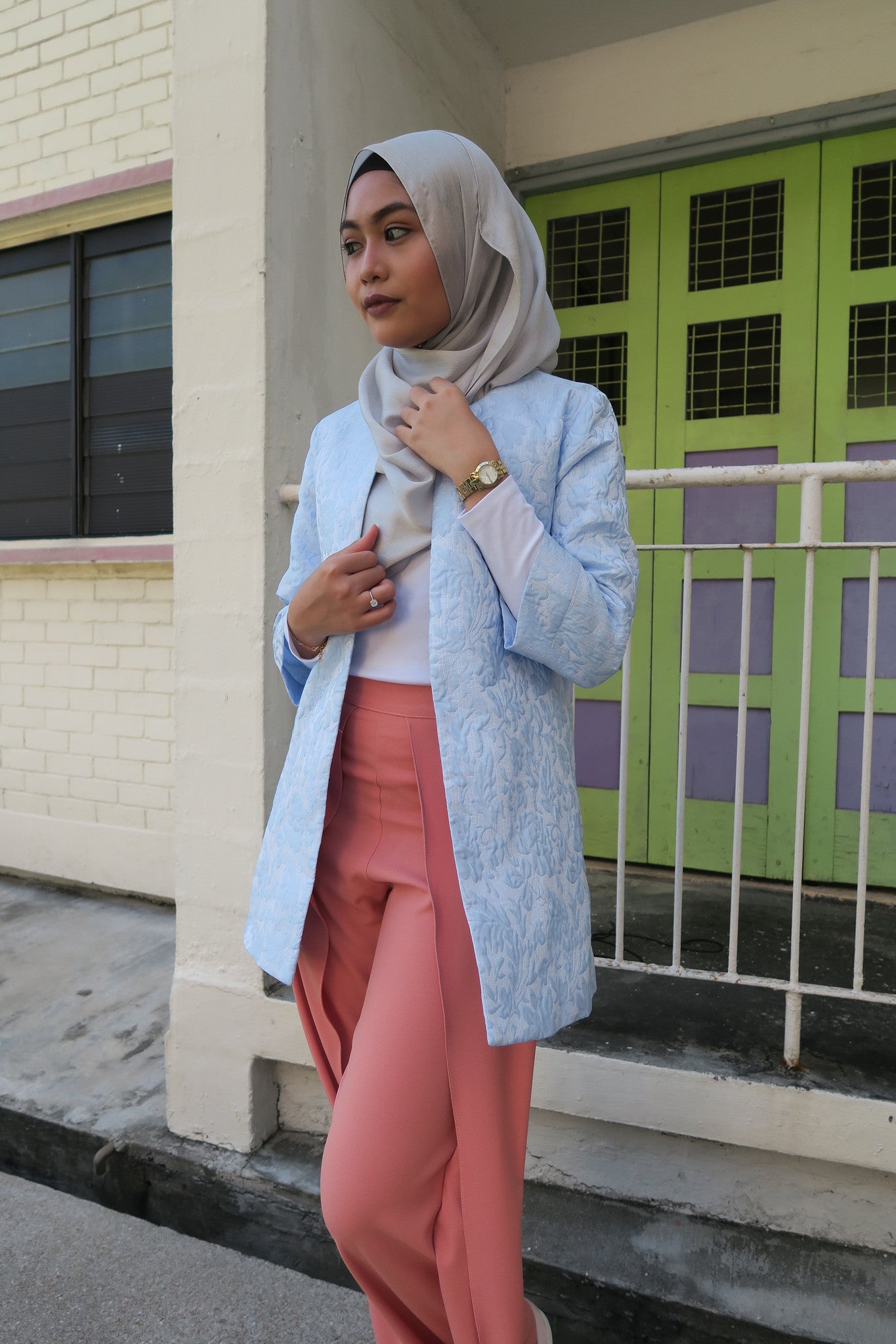 Melrose Label: Jakel Jacquard Emboss Coat in Powder Blue