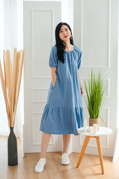 Pennelope Gathered Dropwaist Dress in Sky Blue