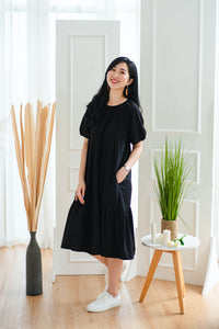 Pennelope Gathered Dropwaist Dress in Black