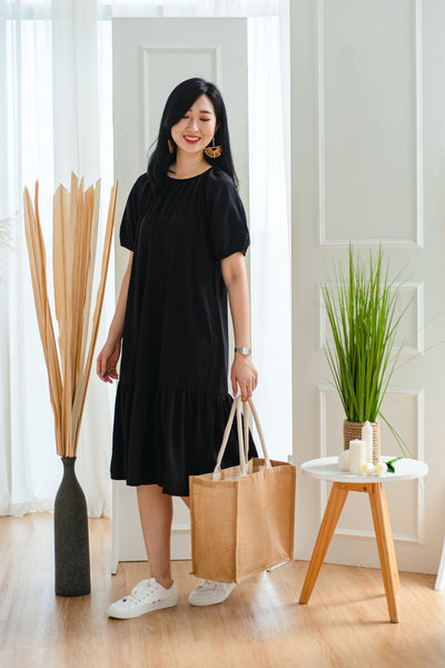 Pennelope Gathered Dropwaist Dress in Black