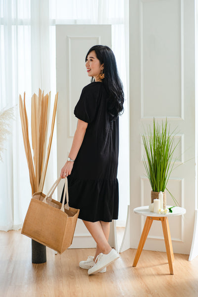 Pennelope Gathered Dropwaist Dress in Black