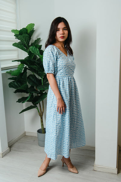 Ranne Gingham Embrodery Dress in Baby Blue