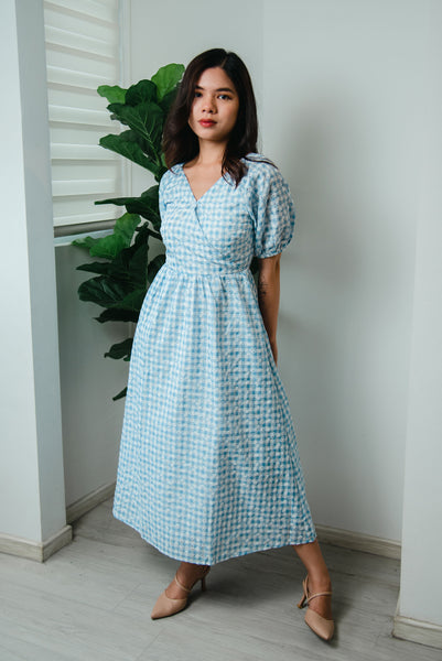 Ranne Gingham Embrodery Dress in Baby Blue