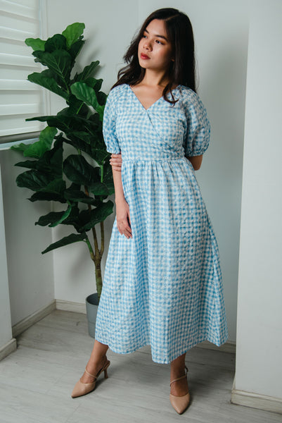 Ranne Gingham Embrodery Dress in Baby Blue