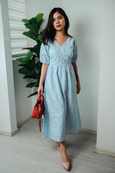 Ranne Gingham Embrodery Dress in Baby Blue