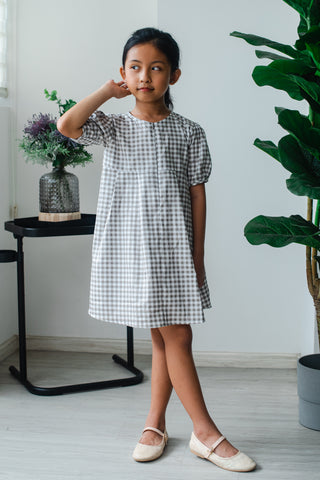 Melrose Label: Audrey Gingham Girls Dress in Grey