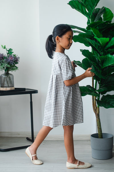 Melrose Label: Audrey Gingham Girls Dress in Grey