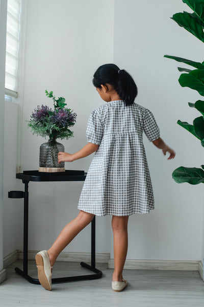 Melrose Label: Audrey Gingham Girls Dress in Grey