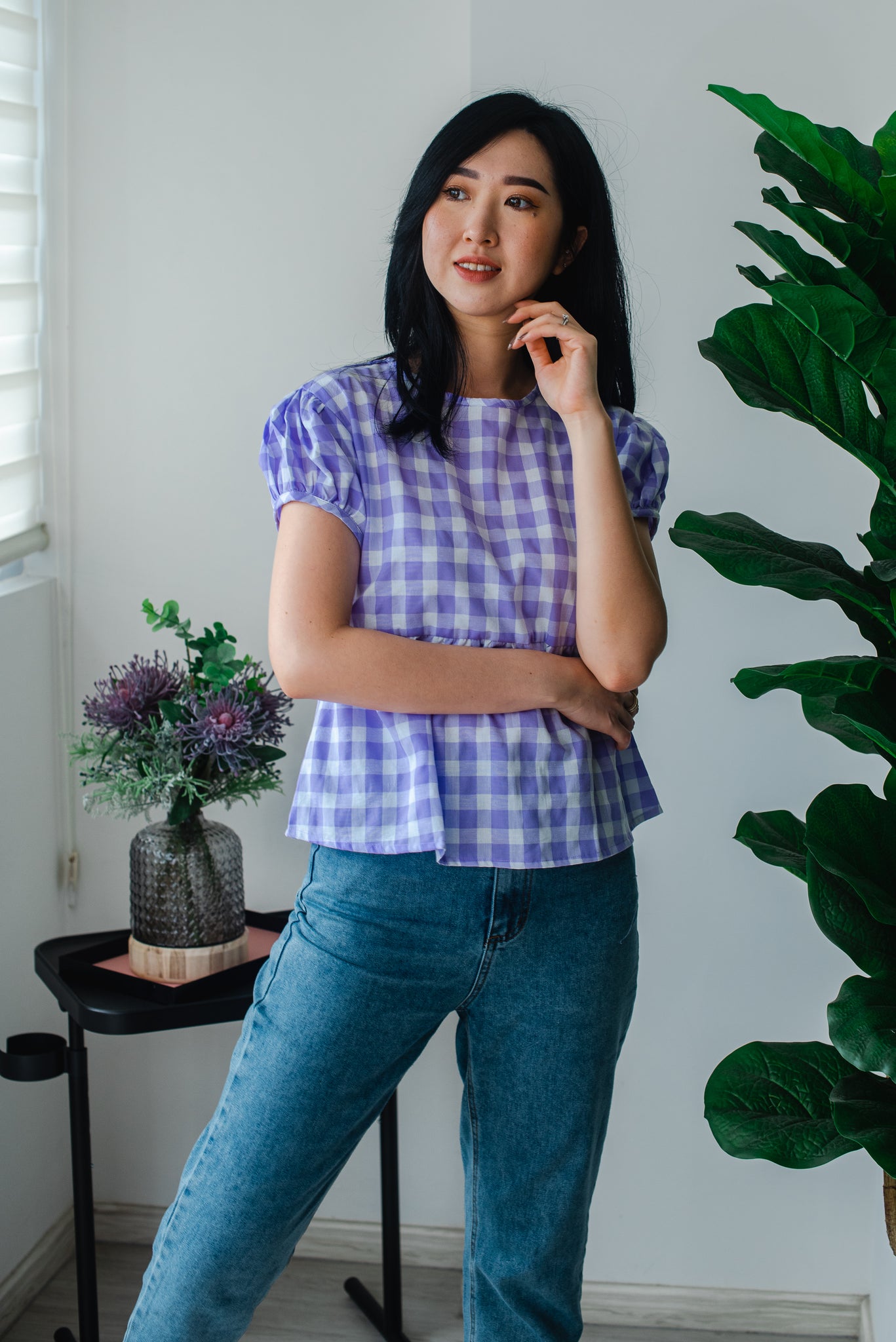 Melrose Label: Audrey Gingham Adult Top in Purple