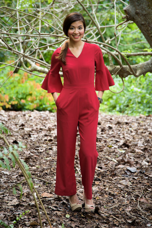 Melrose Label: Wallace Ruffle Sleeve Jumpsuit in Red