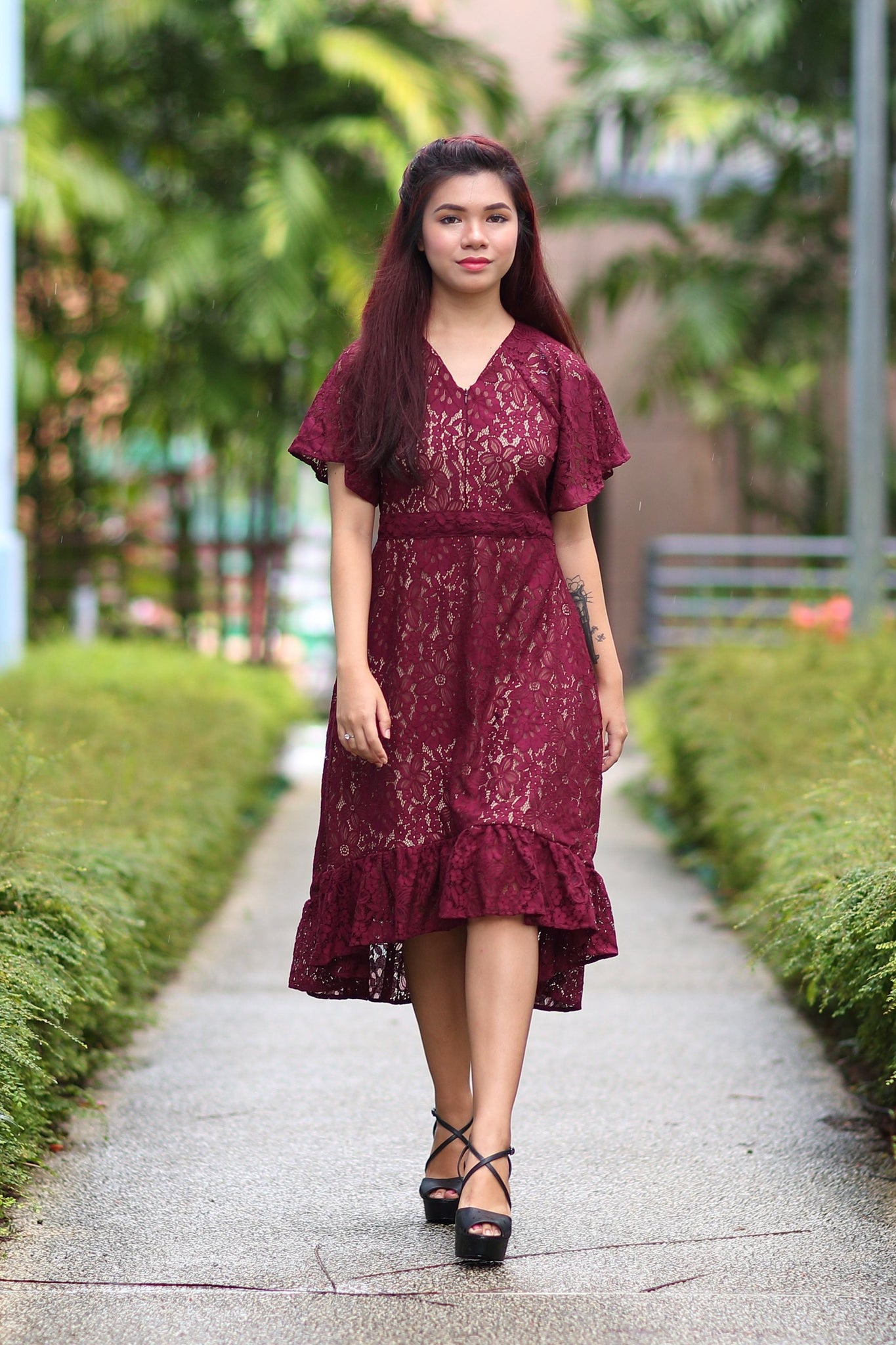 Melrose Label: Alita Drop-Tail Lace Dress in Maroon