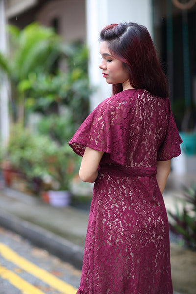 Melrose Label: Alita Drop-Tail Lace Dress in Maroon