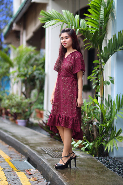 Melrose Label: Alita Drop-Tail Lace Dress in Maroon