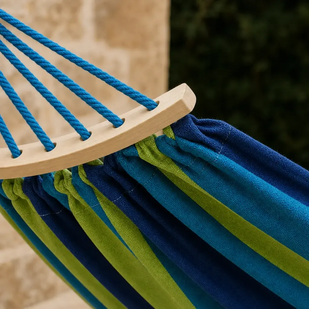 Blue suspension cords, pale wood bar and striped canvas in close detail