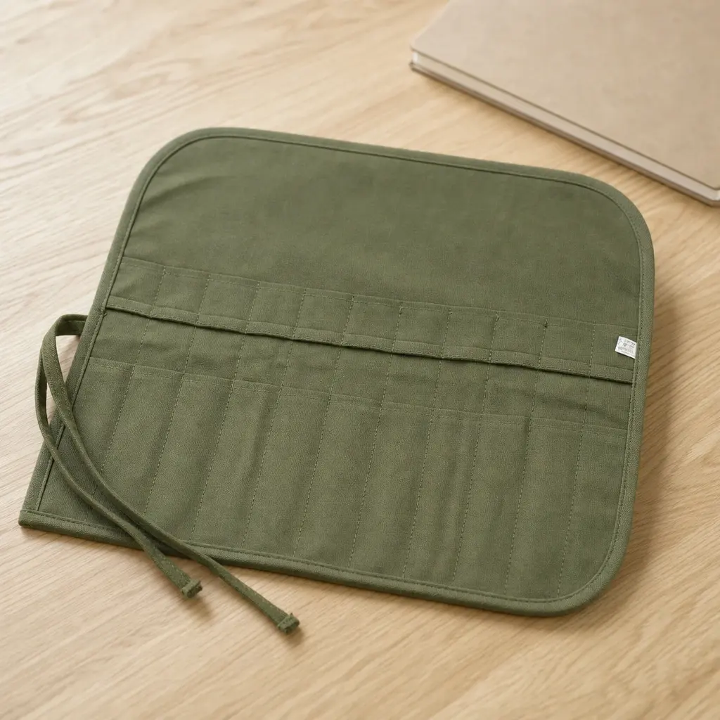 Olive Brush Roll on a creative worktable