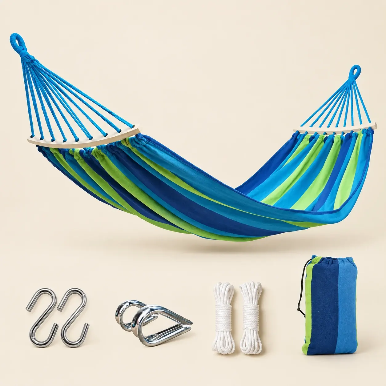 Blue Stripe Canvas Hammock, selected product photographed on warm ivory