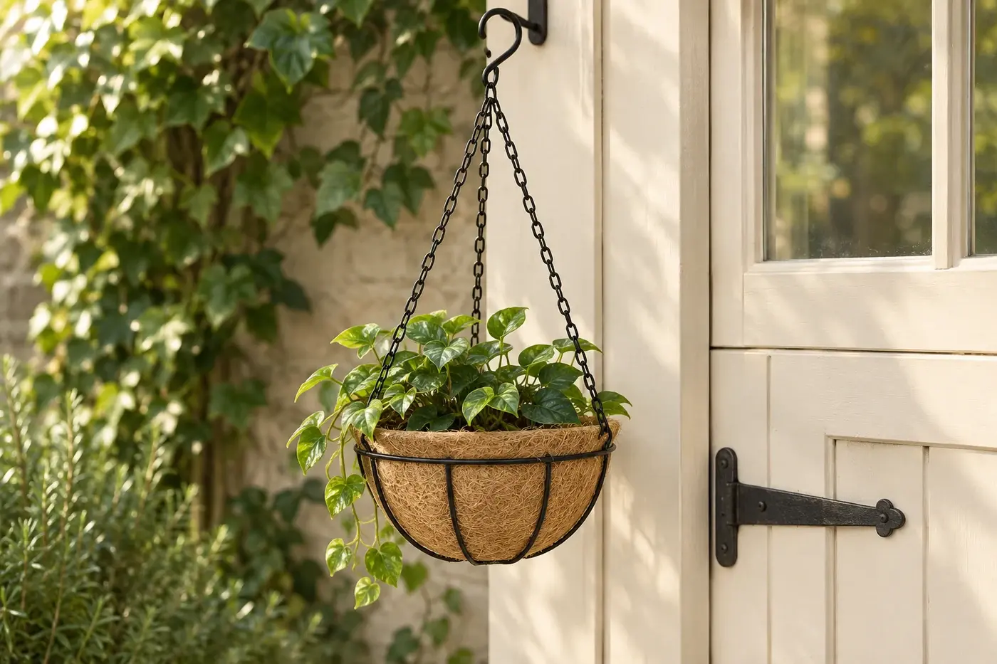 Coir basket styled with a leafy plant, plant and bracket not included
