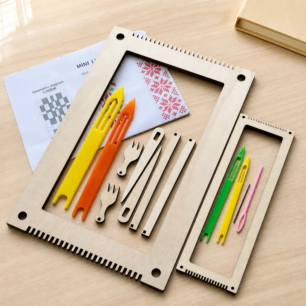 Two wooden weaving frames and their tools on a worktable