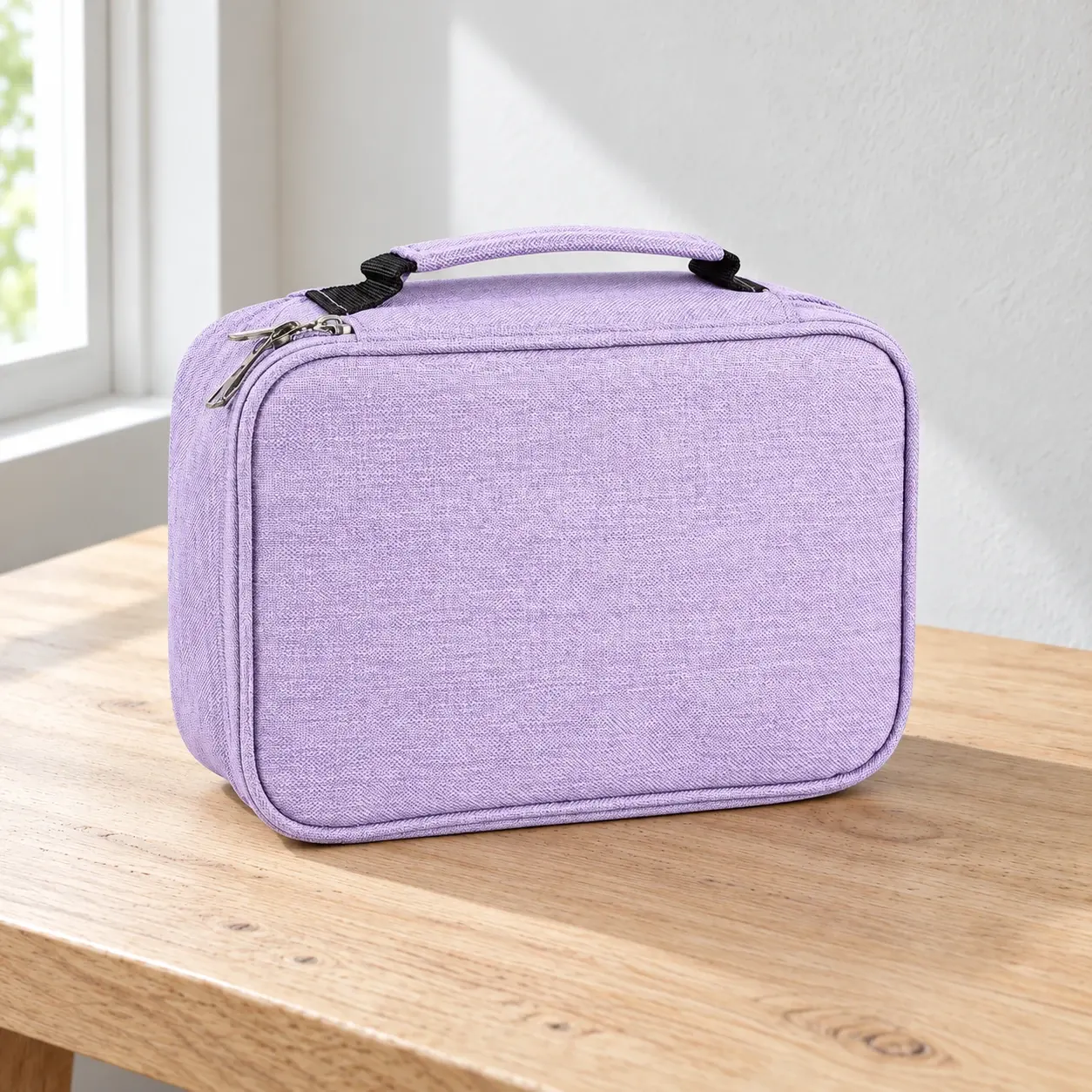Lavender pencil case on a natural wood worktable