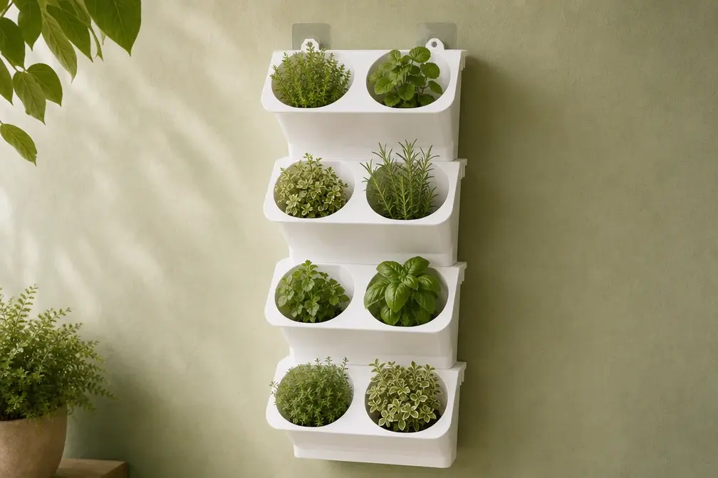 Four cream wall planter modules styled with plants, plants not included