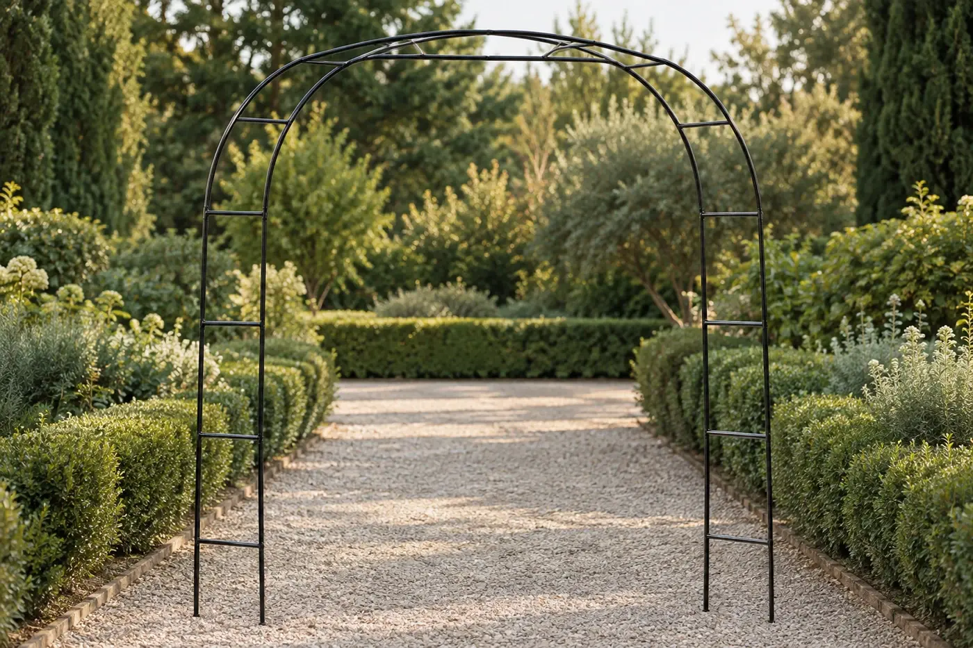 Wide black arch framing a gravel garden path