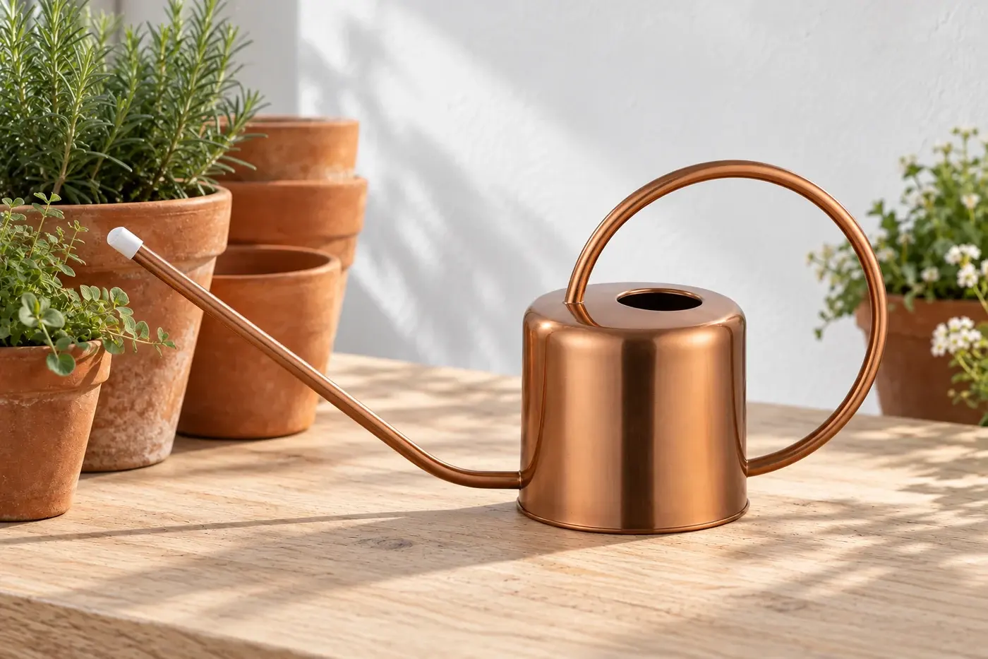 Copper-tone watering can beside pots and herbs on a wooden bench