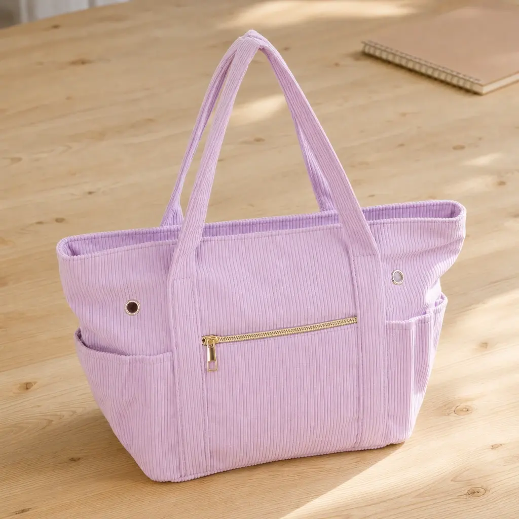 Lilac Corduroy Project Tote on a creative worktable